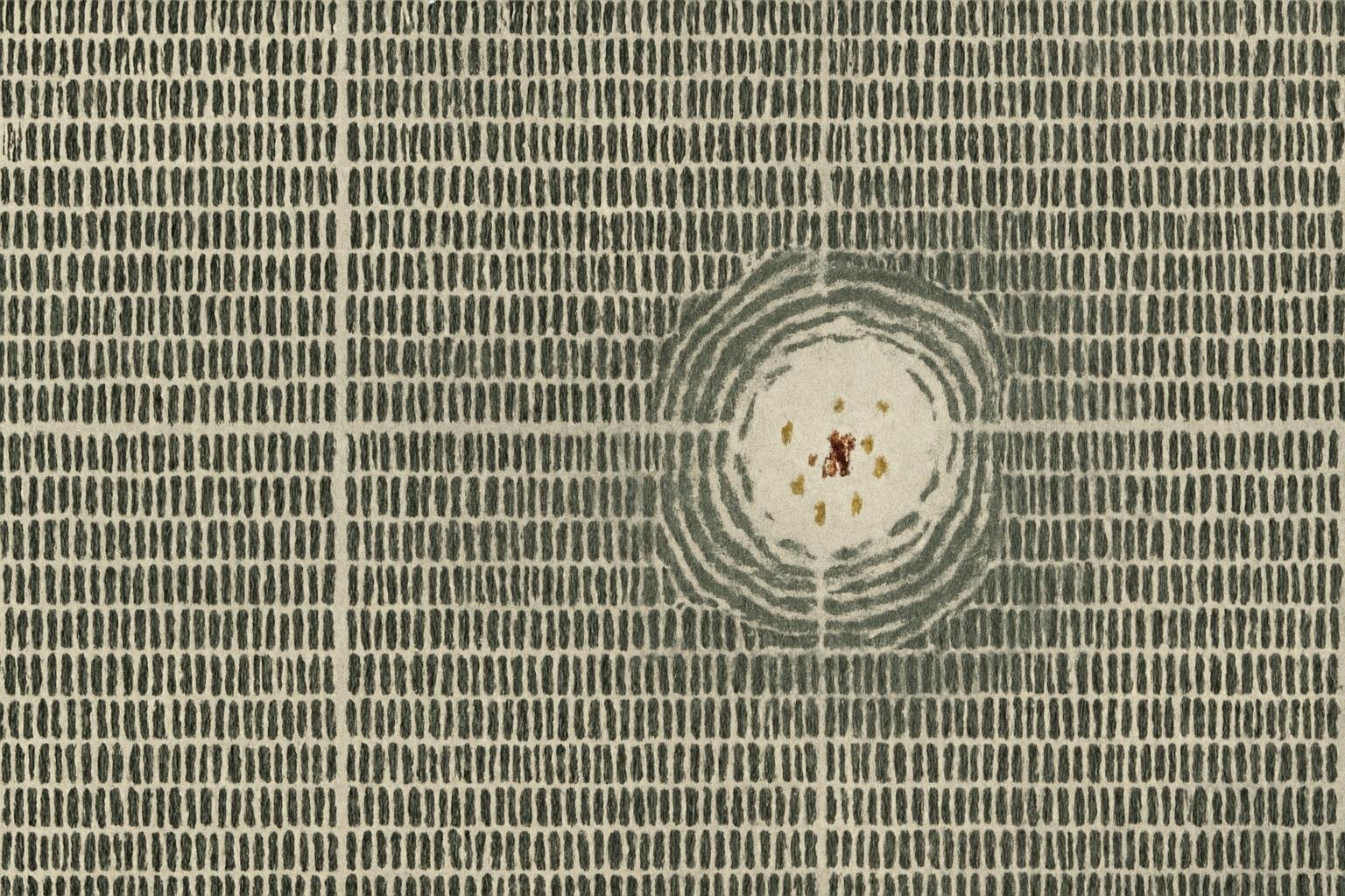A page filling field of tiny identical inked grooves set in even rows on warm off white paper, faintly divided into large rectangular blocks by hairline gaps that run off every edge. In one block, right of centre and just below the middle, the grooves lean, sit twice out of register, thin out, scatter from their rows and dissolve into bare paper, with faint rings rippling around the clearing, a few grooves in gold near its core and two short marks in red. Every surrounding block stays perfectly regular right up to the gap around it.